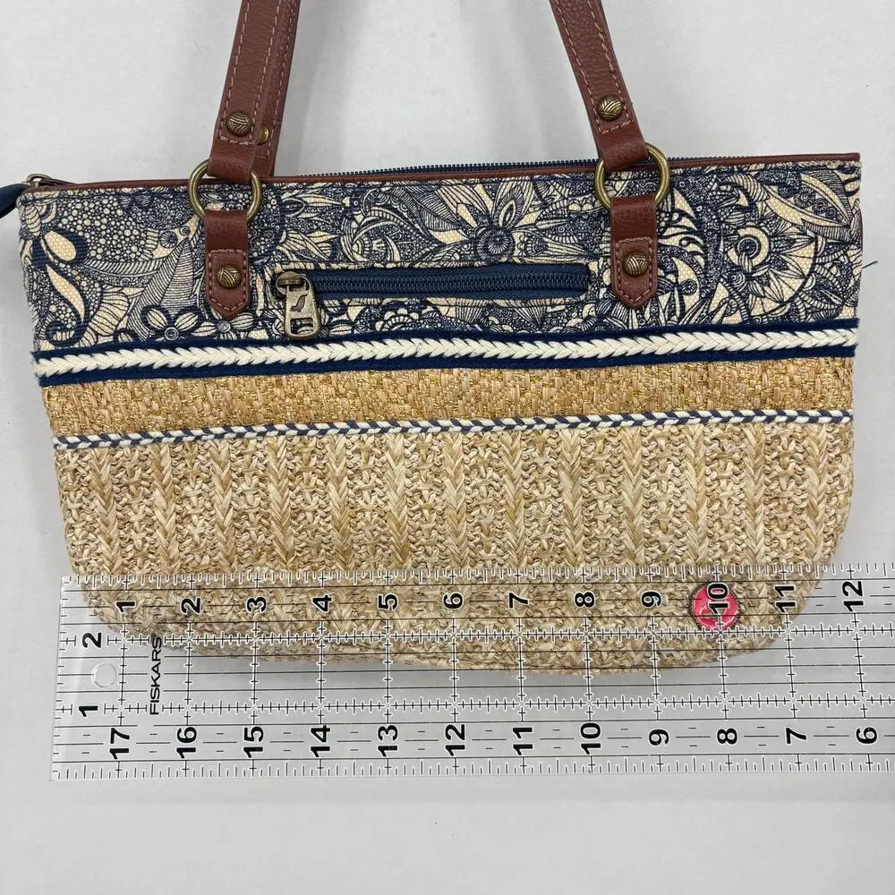 Sakroots Ellis Straw Satchel Shoulder Bag Blue Floral Boho Leather Trim Handbag - Picture 10 of 11